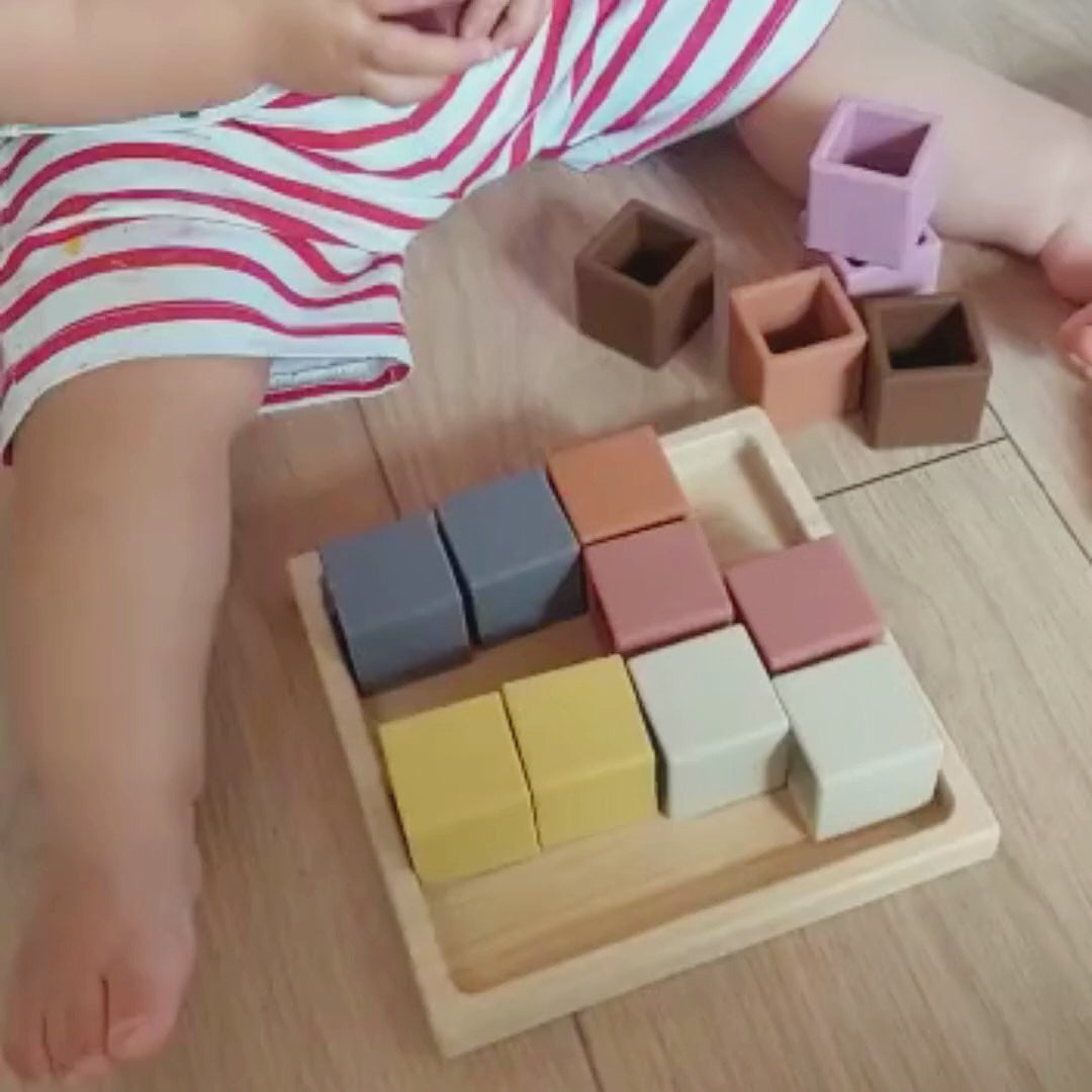 video brinquedo de cubos didáticos em madeira e silicone 100% alimentar